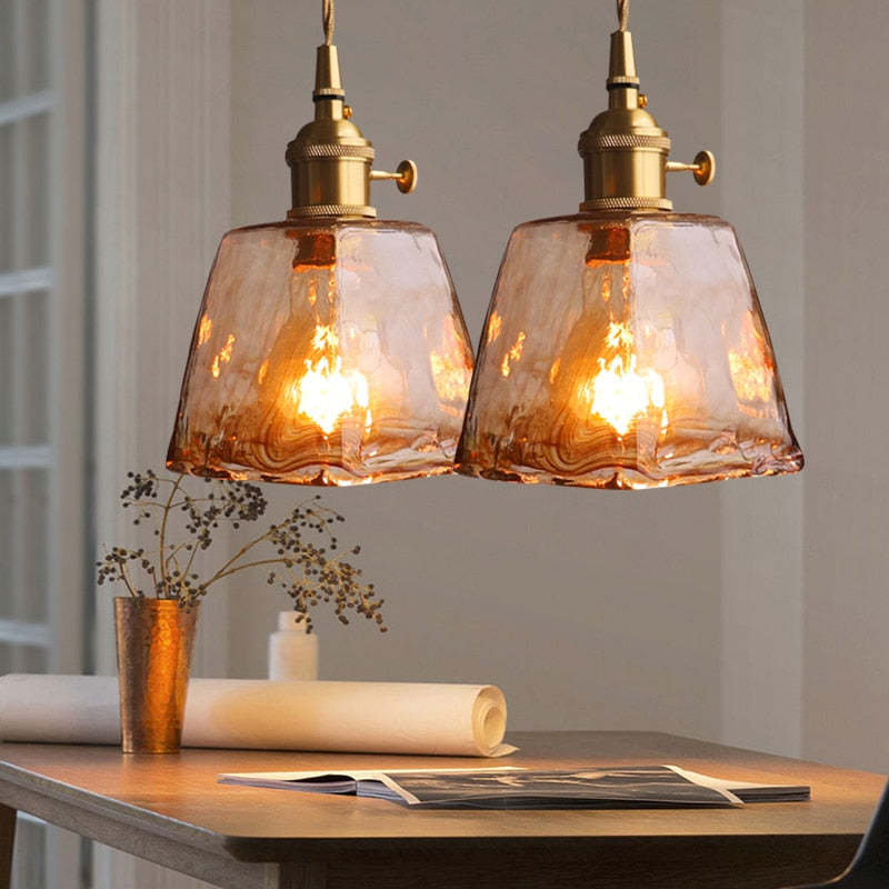Novaro Retro LED Pendant Lights in Gold Metal and Glass for Bedroom, Living Room, Dining Room