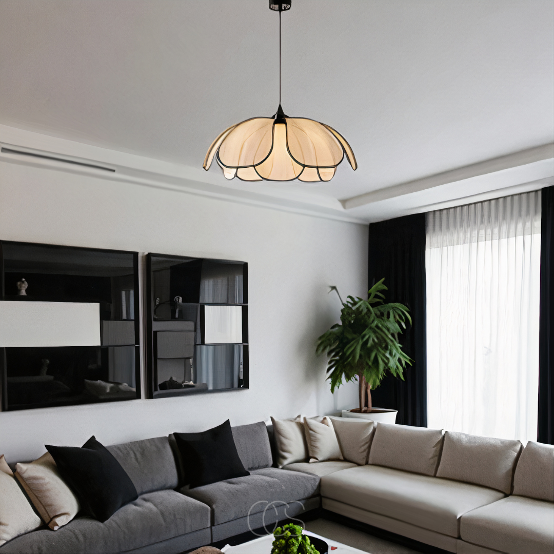 Lereks - Lampada a sospensione in rattan a forma di fiore con accenti neri