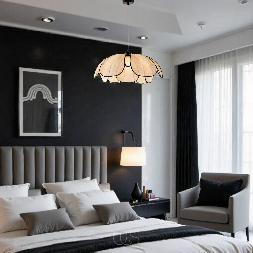 Lereks - Lampada a sospensione in rattan a forma di fiore con accenti neri