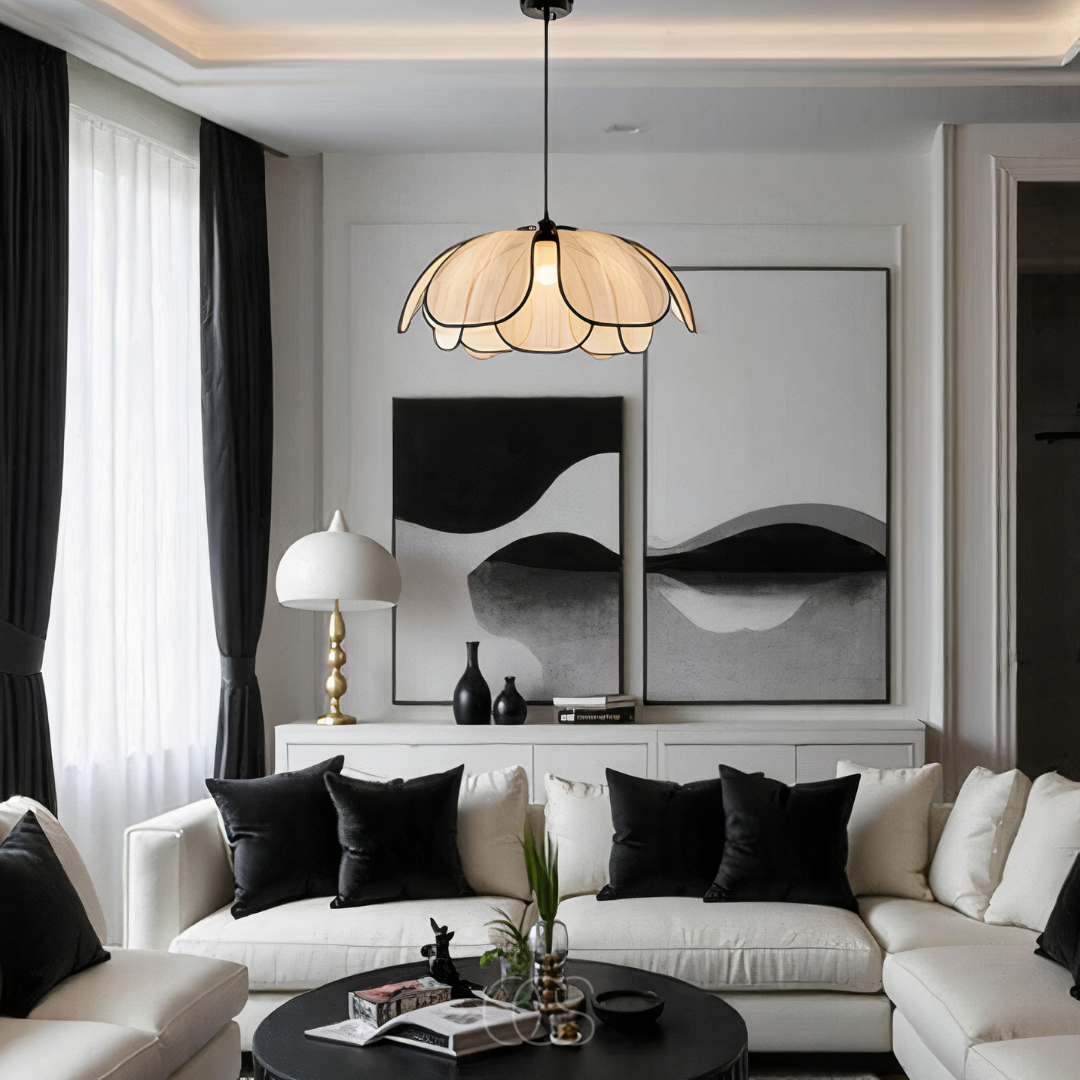 Lereks - Lampada a sospensione in rattan a forma di fiore con accenti neri