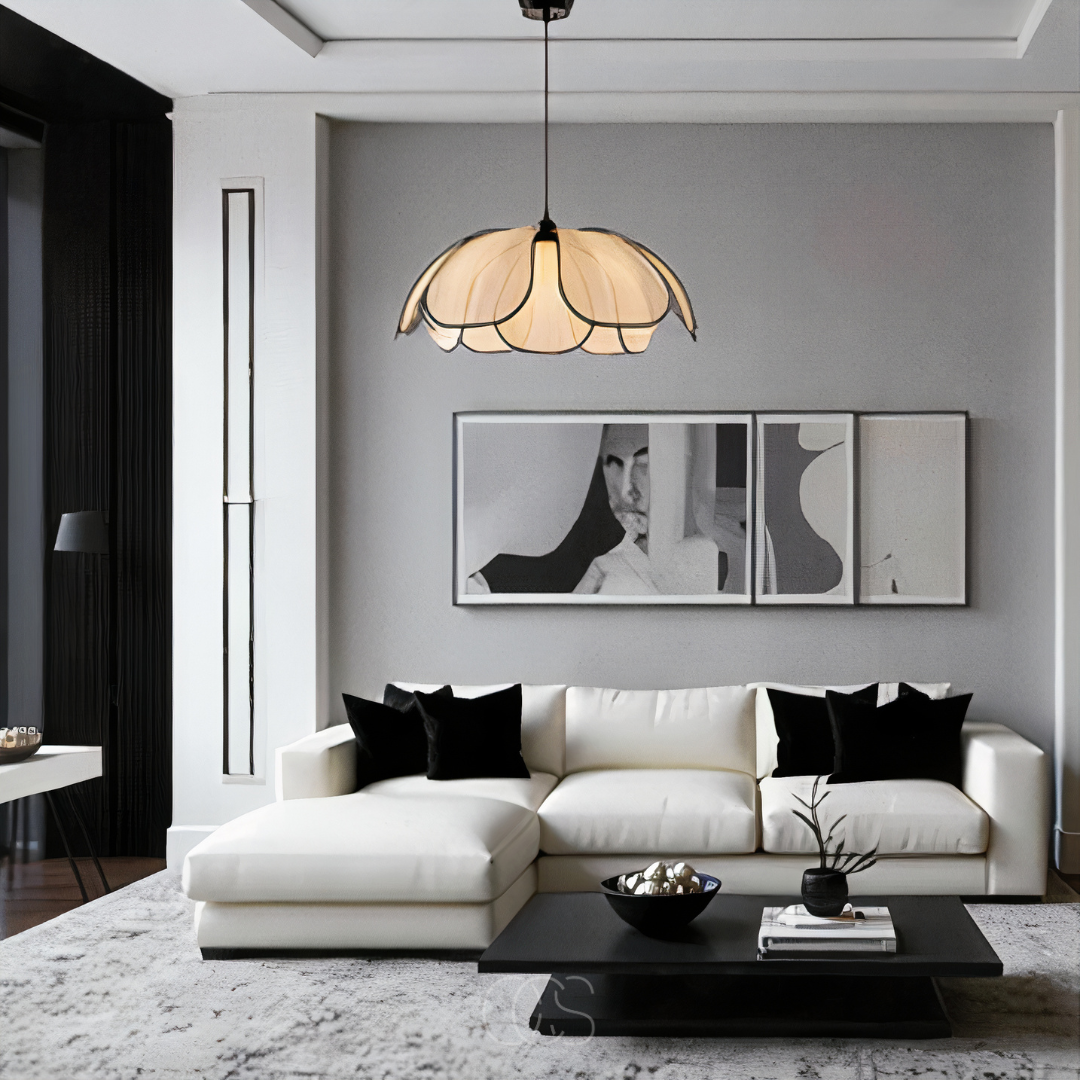 Lereks - Lampada a sospensione in rattan a forma di fiore con accenti neri