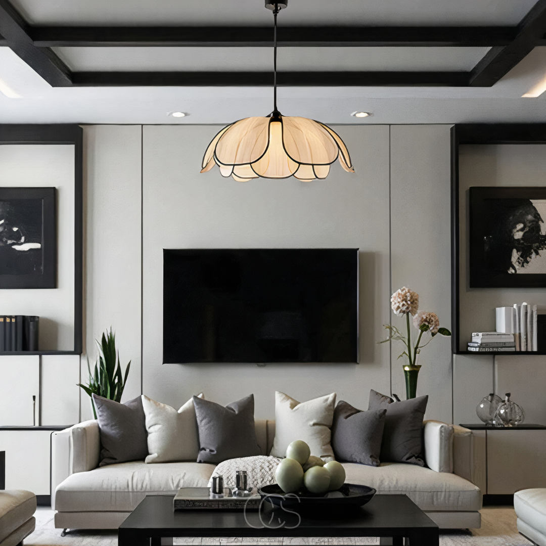 Lereks - Lampada a sospensione in rattan a forma di fiore con accenti neri